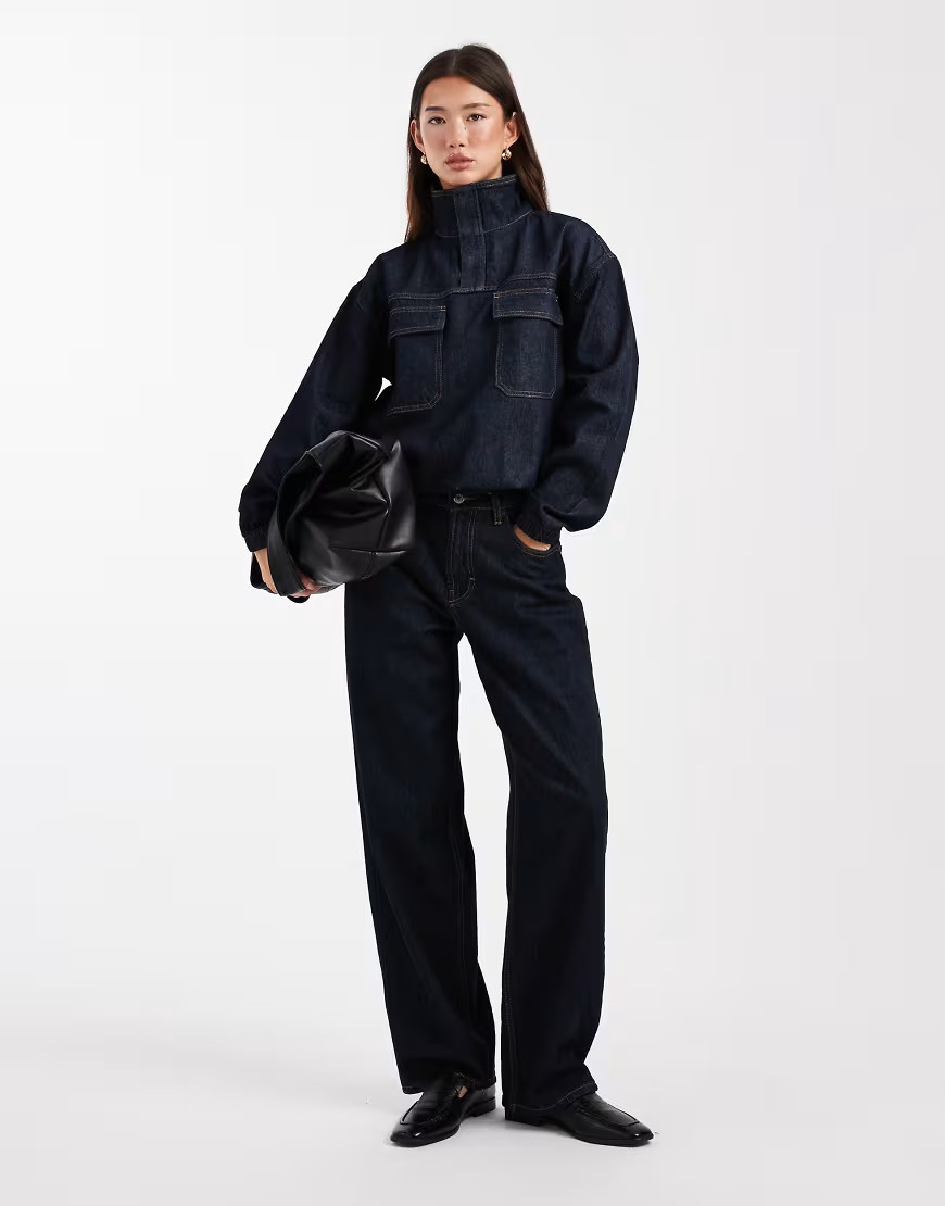 ASOS DESIGN denim funnel neck shirt in indigo-Navy | ASOS (Global)