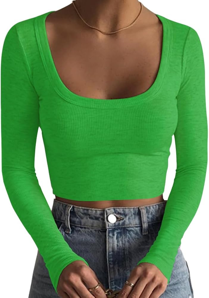 Artfish Women's Square Neck Long Sleeve Ribbed Slim Fitted Casual Basic Crop Top | Amazon (US)