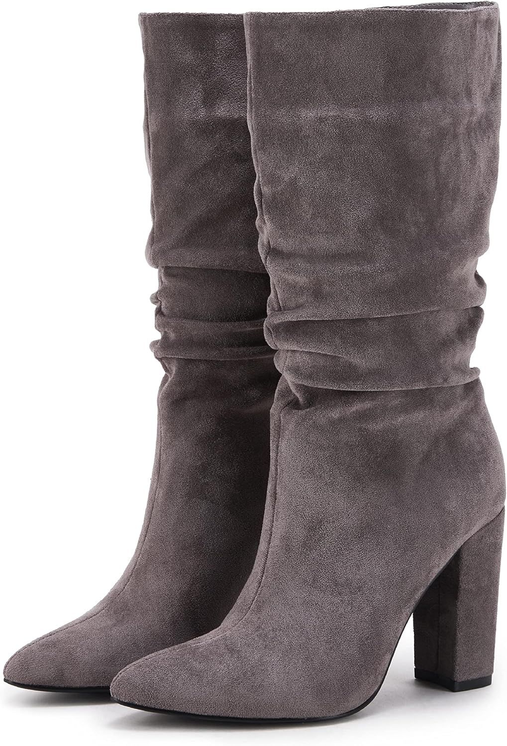 Womens Winter Slouchy High Heel Boots Mid Calf Suede Slip on Chunky Block Pointed Toe Boots | Amazon (US)