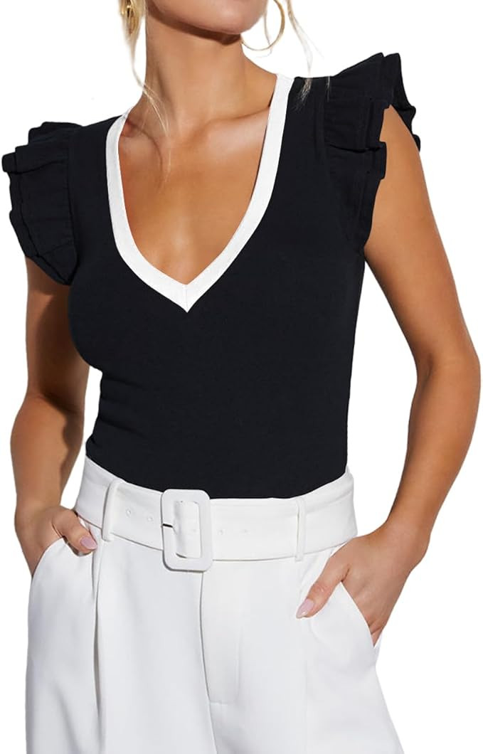 BONITEE Womens Summer Ribbed Ruffle Short Sleeve Shirts Sexy Deep V Neck Slim Fit Tank Tops Casua... | Amazon (US)