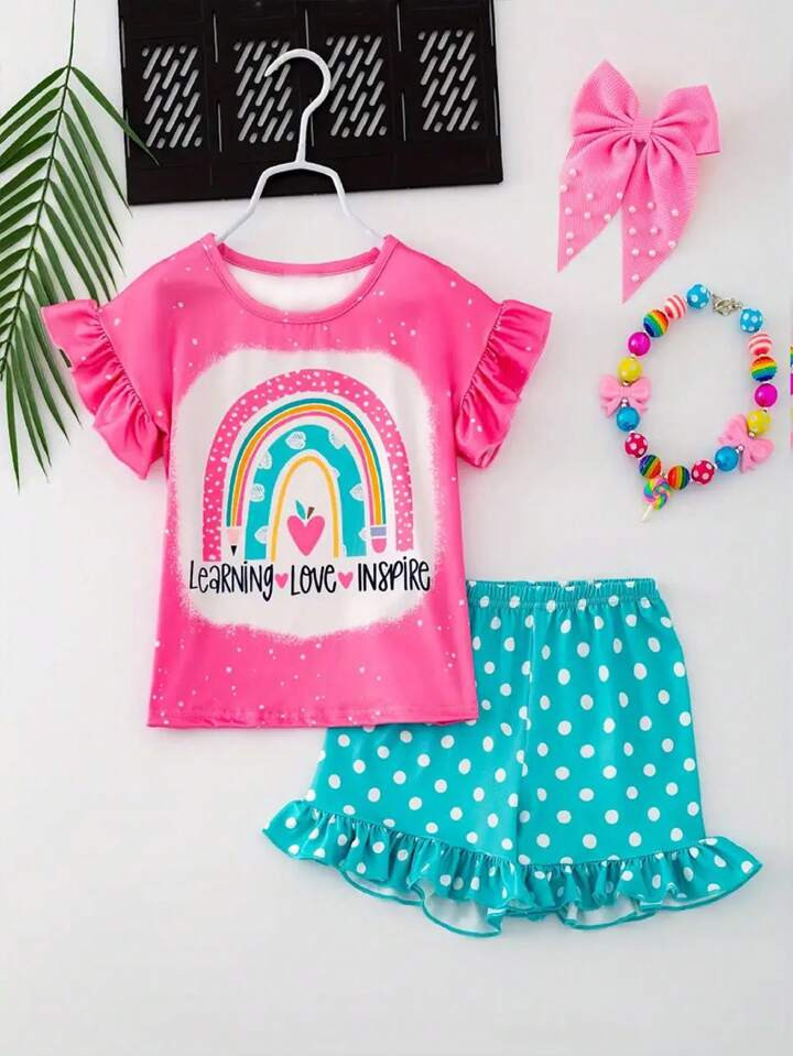 Young Girl Summer Multi-Color Pattern Love Jacket Pants Two-Piece Suit | SHEIN