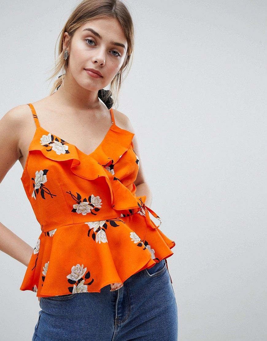 ASOS DESIGN Ruffle Wrap Cami In Orange Floral - Multi | ASOS US