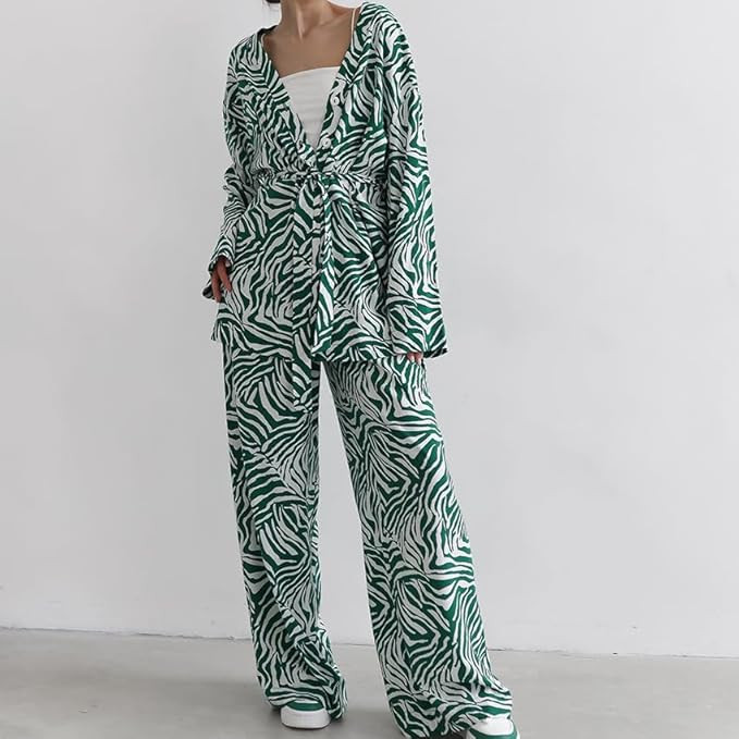 Womens 2 Piece Outfits Zebra V Neck Long Sleeve Tops High Waist Wide Leg Pants Going Out Vacation... | Amazon (US)