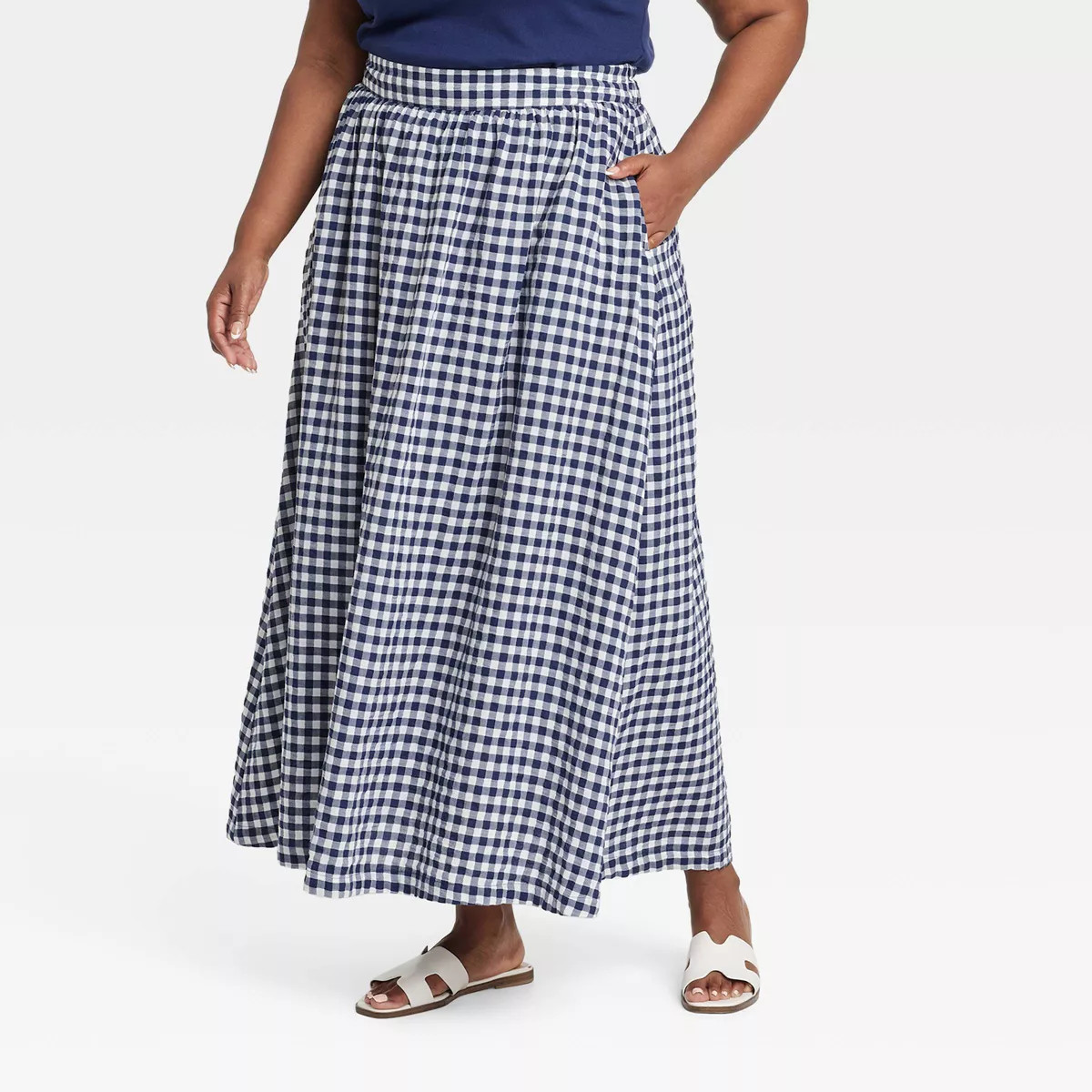 Women's Low-Rise Maxi Full Skirt - Ava & Viv™ Navy Blue Striped XXL | Target