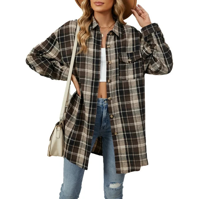 TEMOFON Long Sleeve Tops for Women Flannel Plaid Blouses Casual Long Sleeves Collared Button Down... | Walmart (US)