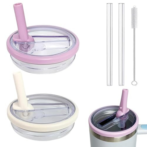 WHOLELIVES 40 oz Leak Proof Flip Straw for Stanley Lid, Tumbler Lid Replacement No Spill Proof for Stanley 40oz Cup Lid (Purple+Beige) | Amazon (US)