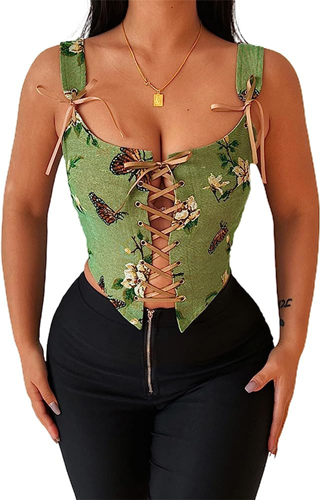 Bowanadacles Women Vintage Floral Camisole Flower Embroidery Pattern Tight Vest Drawstring Tie-up... | Amazon (US)
