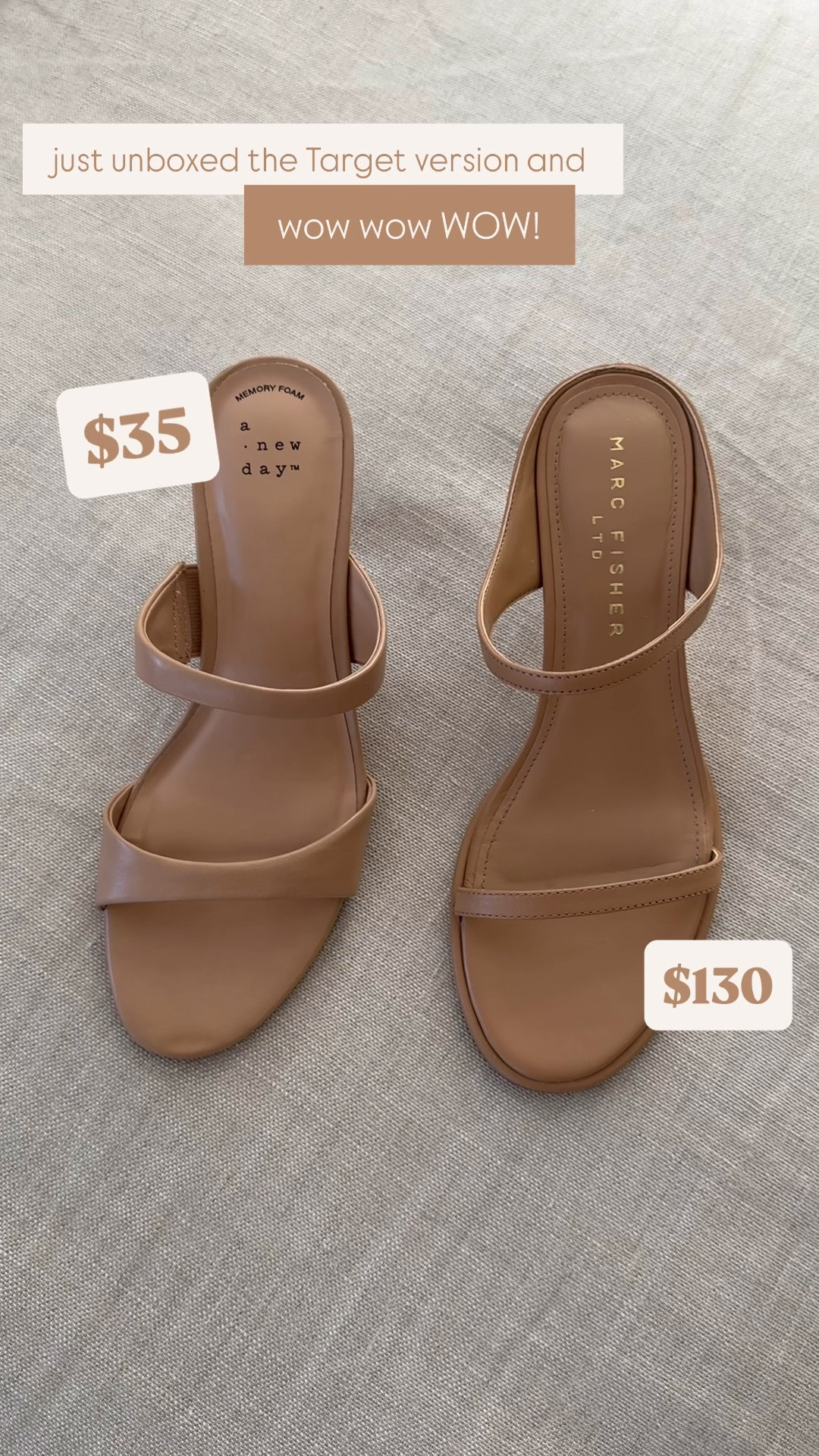 okay, *add to cart* immediately if wanting this look for less! Nearly identical, the $130 option has slightly thinner straps, but heel height, cushioning and overall style basically identical. Target sandals $35 vs Marc Fisher $130! 