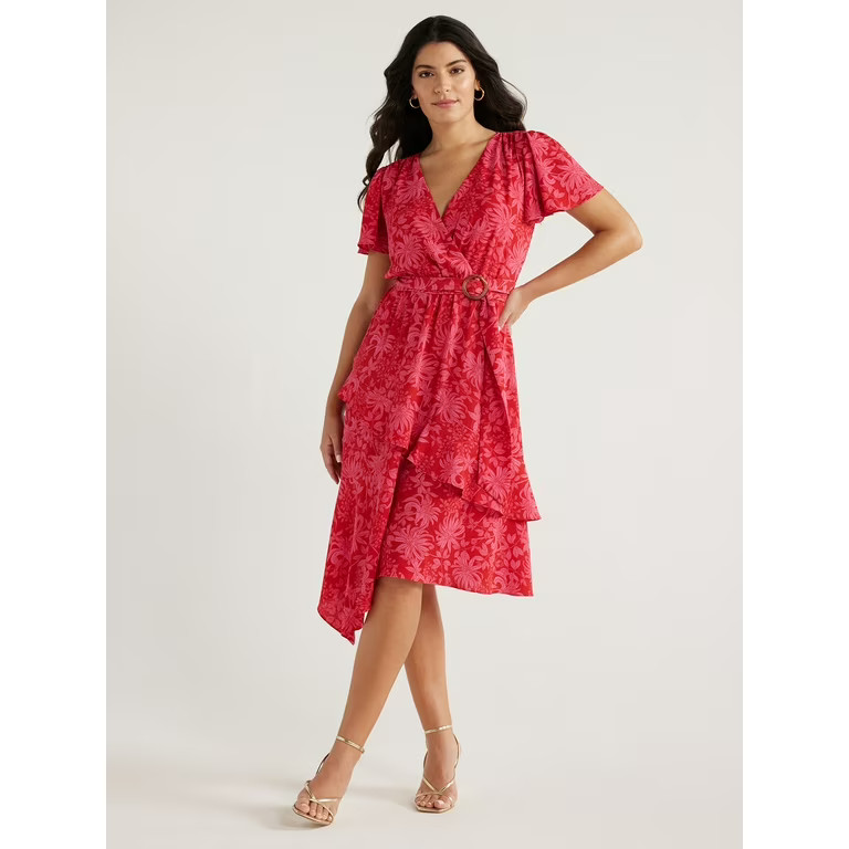 Sofia Jeans Women's Faux Wrap Dress with Flutter Sleeves, Below Knee Length, Sizes XS-3XL | Walmart (US)