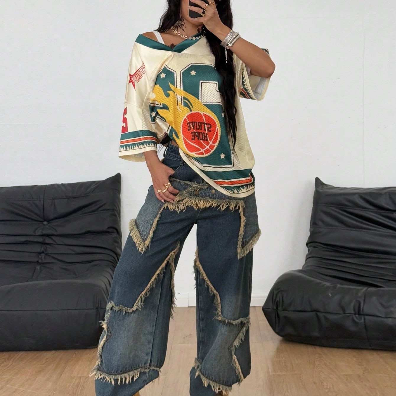 Coolane Women's Summer Concert Rave Streetwear Vintage Y2K Number Pattern Oversized V-Neck Tees, Jersey T-Shirt | SHEIN