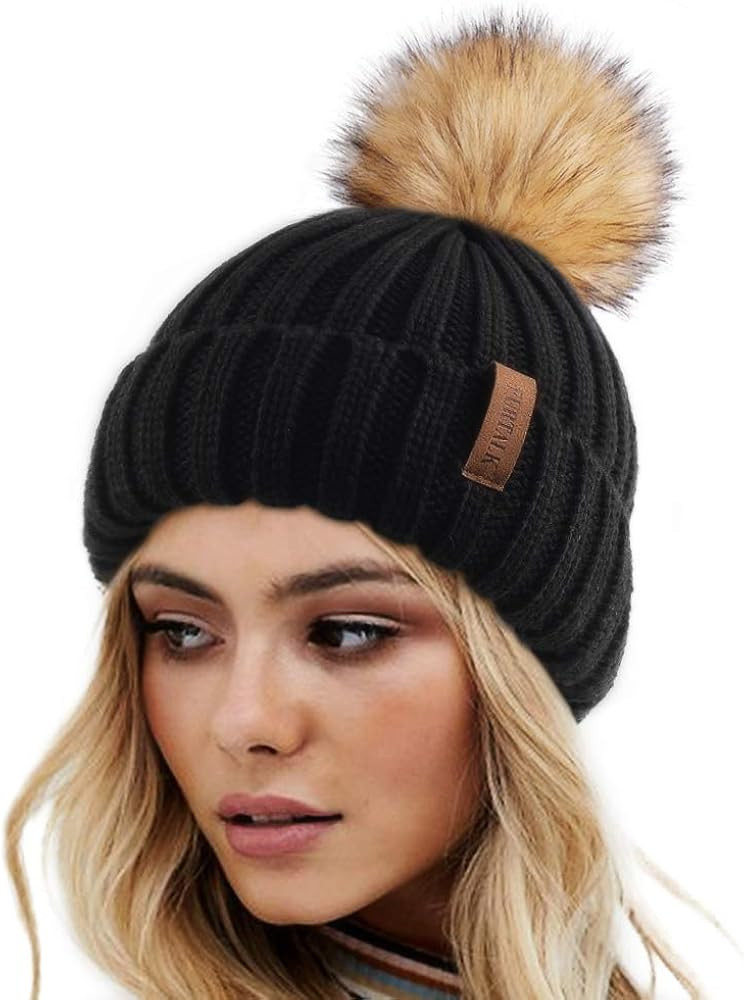 FURTALK Womens Winter Knitted Beanie Hat with Faux Fur Pom Warm Knit Skull Cap Beanie for Women | Amazon (US)