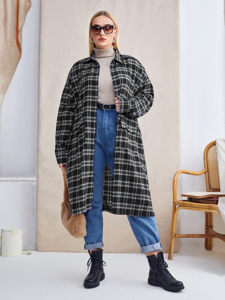 Plus Plaid Print Drop Shoulder Belted Coat | SHEIN