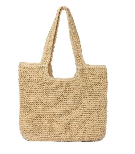 GOLDTIMO Beach Bags for Women - Summer Soft Large Woven Shoulder Purse Handbag, Beach Tote Straw Bag for Summer Vacation, Beige | Amazon (US)