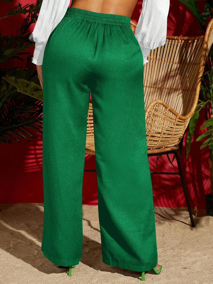 Travachic Solid Drawstring Waist Wide Leg Summer Black Pants | SHEIN