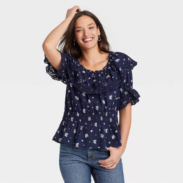 Women's Ruffle Short Sleeve Eyelet Peplum Blouse - Universal Thread™ | Target