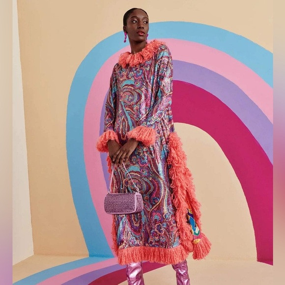 Celia B Midnight Psychedelic Sequin Fringe Midi Dress Pink Purple Blue M 6 8 10 | Poshmark
