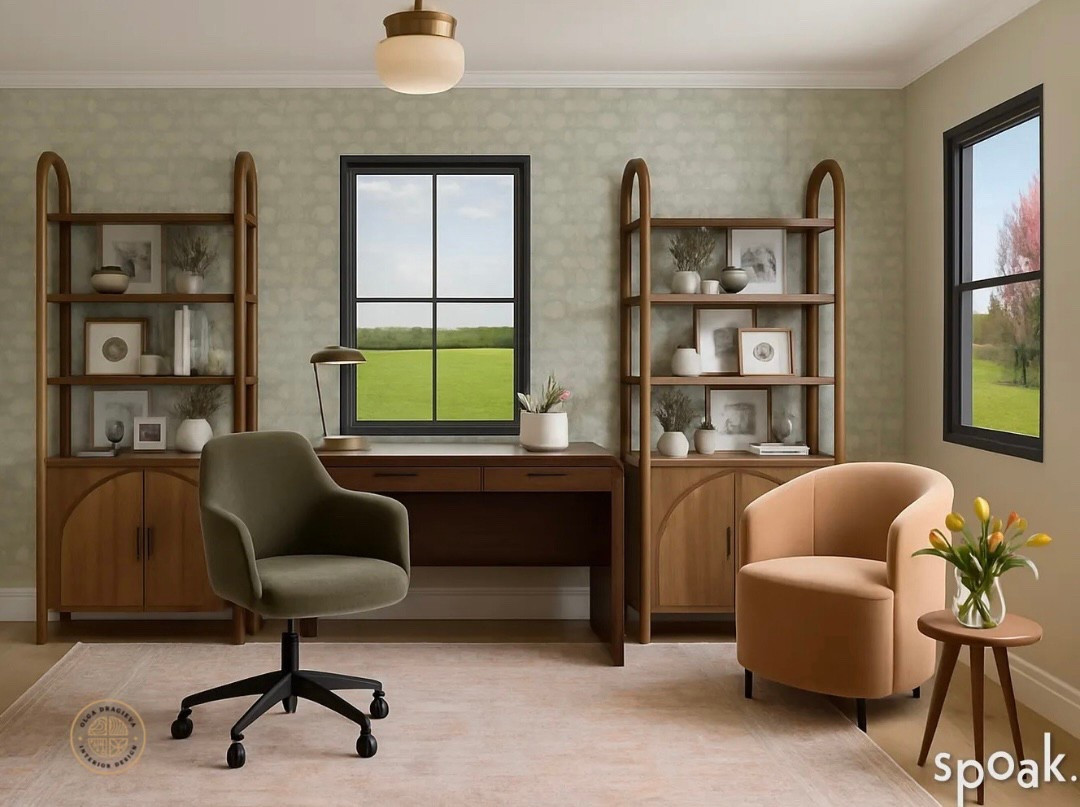 Beautiful WFH design. I love the floral wallpaper, curved blush accent chair, curved bookcases, green office chair and vintage style rug. #homedecor #homeoffice 