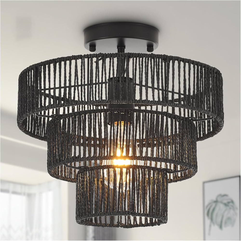 Hand-Woven Rattan Semi Flush Mount Ceiling Light Fixture Mini Farmhouse Boho 12.6" Bamboo Ceiling... | Amazon (US)