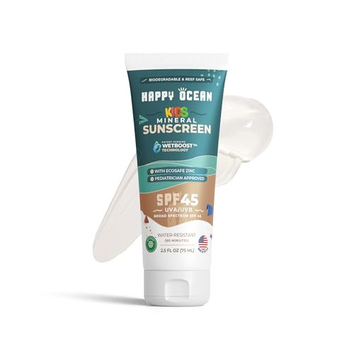 Happy Ocean SPF 45 Reef Safe Mineral Sunscreen for Kids & Sensitive Skin with Non-Nano Zinc Oxide, Non Toxic Kids Sunscreen for Face & Body, Natural Organic Sunblock, Travel Size, Vegan 2.5 Fl Oz | Amazon (US)