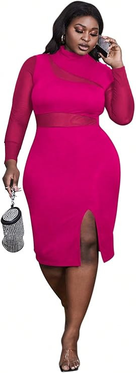 WDIRARA Women's Plus Mock Neck Mesh Long Sleeve Slit Sexy Party Club Bodycon Midi Dress | Amazon (US)