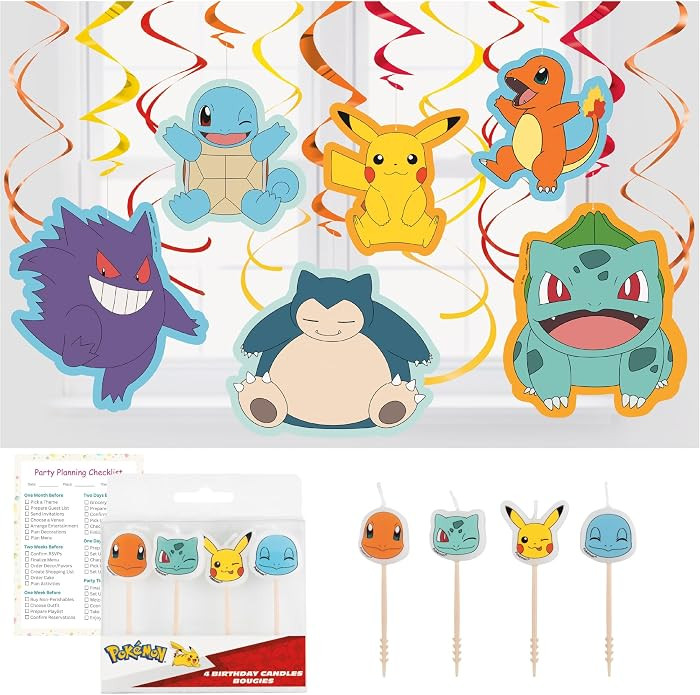 Pokemon Birthday Decorations | 12 Hanging Spiral Swirls, 4 Cake Candles, Checklist | Pokemon Part... | Amazon (US)