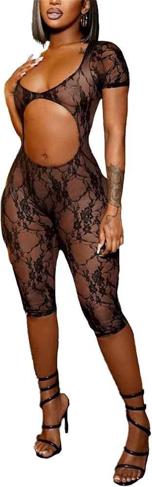 NRTHYE Women Sexy Mesh See Through Lace Jumpsuits Short Sleeve Backless Cut Out Rompers Club Outf... | Amazon (US)