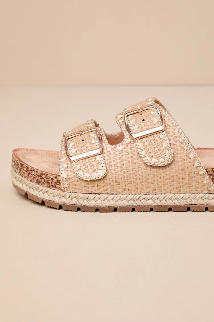 Dalair Natural Raffia Embroidered Buckled Flatform Slide Sandals | Lulus