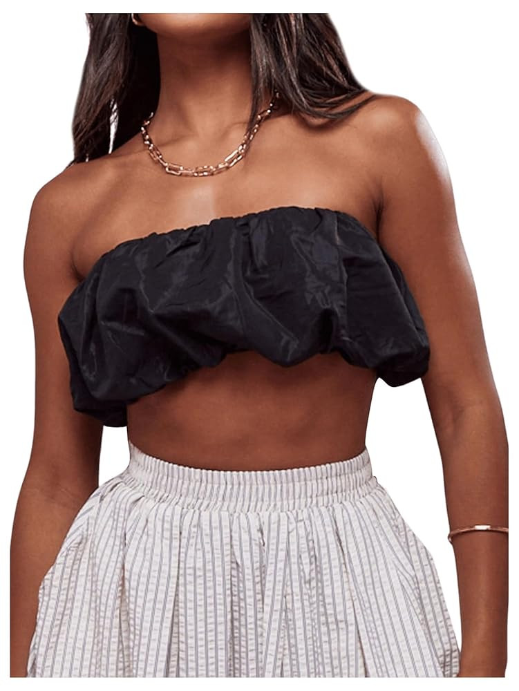 MakeMeChic Women's Strapless Bubble Bandeau Crop Tops Backless Y2K Tube Top | Amazon (US)