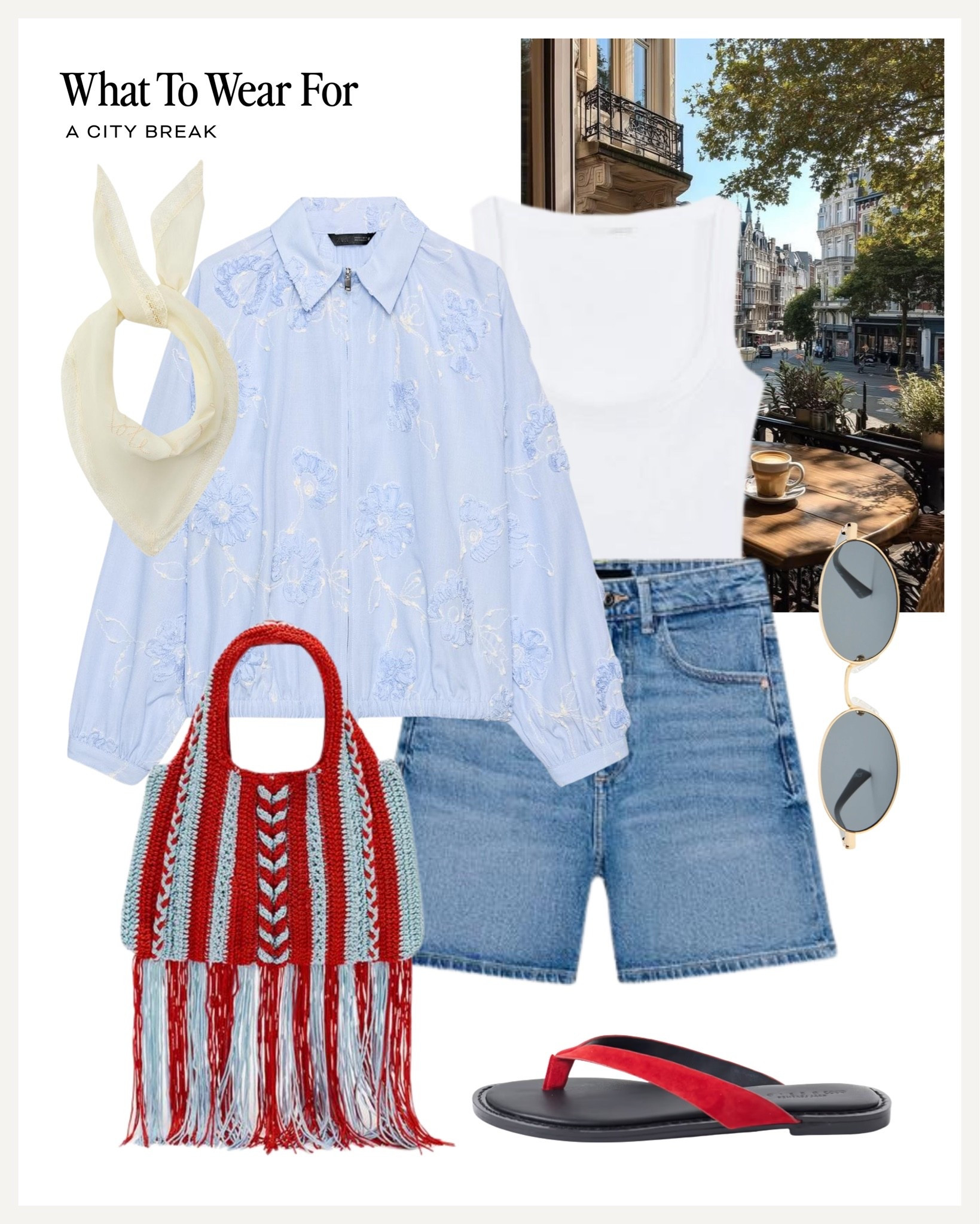A city break ☀️ 

Summer style, bomber jacket, Zara new in, printed bag, holiday outfit, red sandals, denim shorts

#LTKsummer