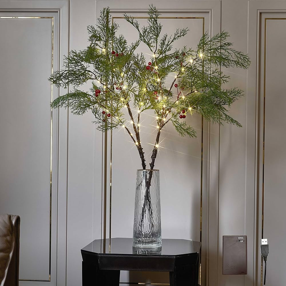 Hairui Lighted Cypress Red Berry Branches with Timer 32IN Battery Operated and USB Plug in, Pine ... | Amazon (US)