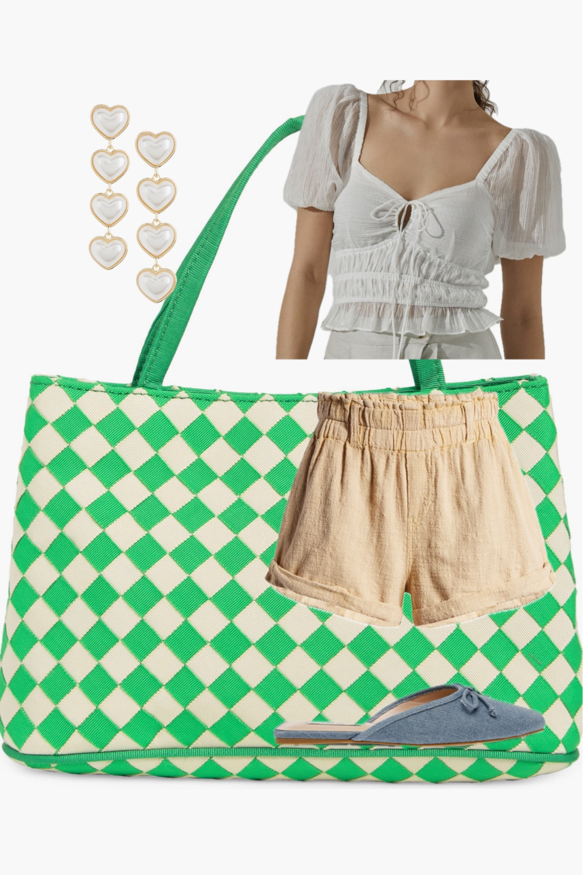Easy summer look with this trendy tie front top + free people shorts. These heart earrings would be so cute for brides too! Adding a pop of color with the loeffler Randall green checkered tote and a classy touch with the denim bow flats!

#LTKSummerSales