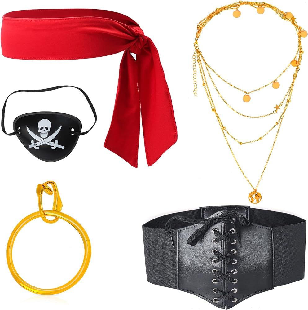 Pirate Costume Accessories Set Pirate Headband Wrap Eye Patch Earring Necklace Waist Belt for Hallow | Amazon (US)