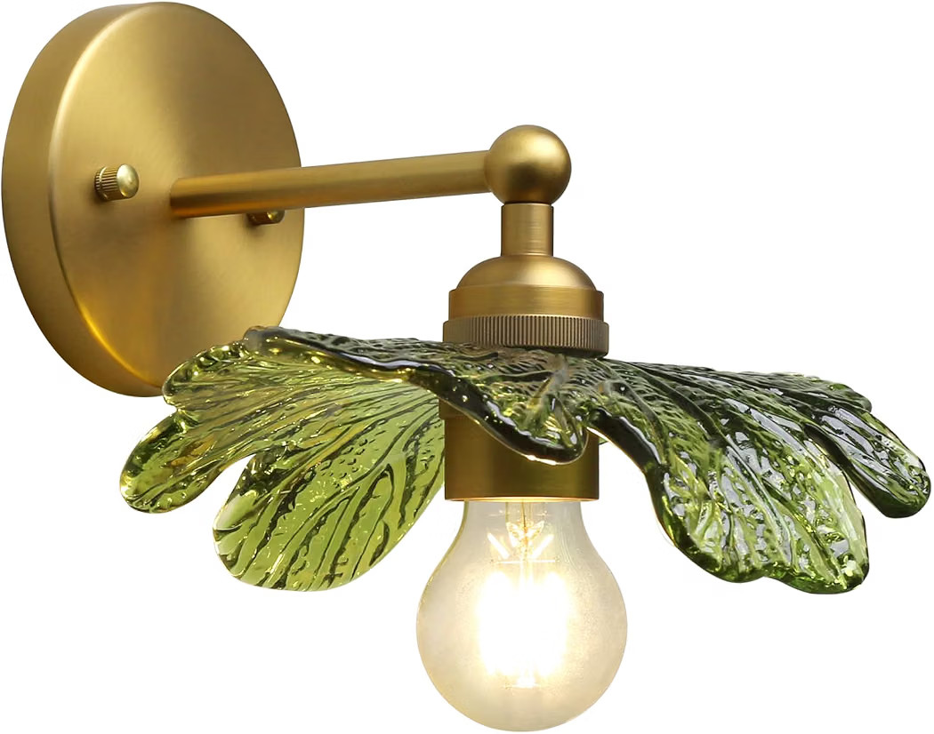 Hardwired Wall Light Boho Brass Finish Vintage Wall Sconce with Green Leaf Shaped Glass Shade, Va... | Amazon (US)