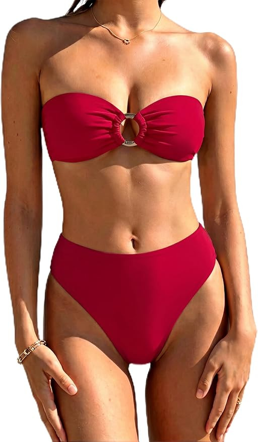 SUUKSESS Women Bandeau O Ring Bikini Sets Tie Back High Waisted 2 Piece Swimsuit | Amazon (US)