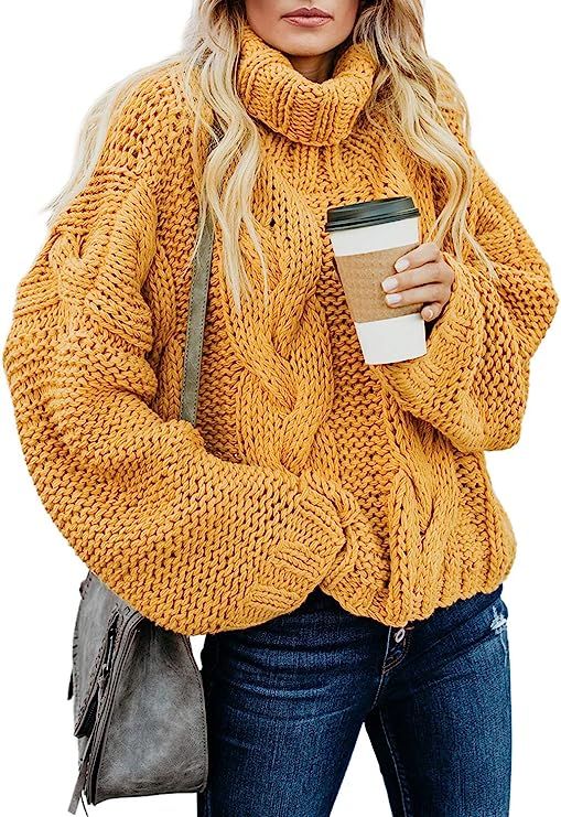 Dokotoo Women Solid Turtleneck Balloon Long Sleeve Sweaters Pullover Outerwear | Amazon (US)