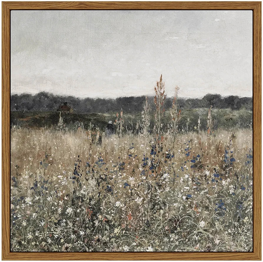 InSimSea Square Framed Canvas Wall Art, Home Decor Vintage Scenery Field Meadow Flowers Oil Paint... | Amazon (US)