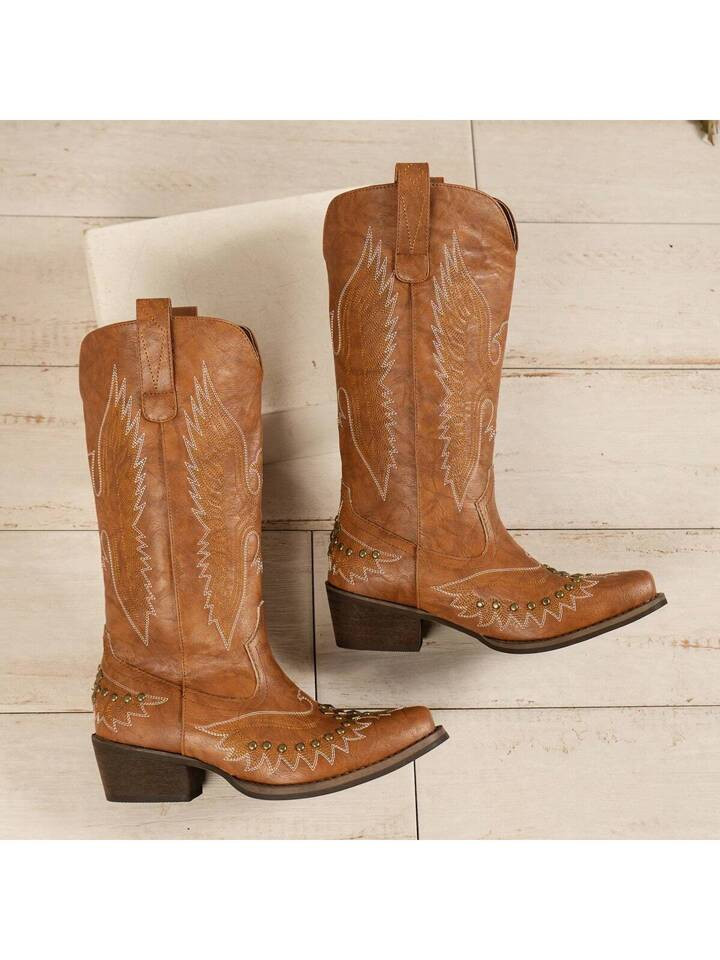 Women's Fashionable Retro Embroidery & Studs Decor Thick Heeled Pointed Toe Western Cowboy Boots | SHEIN