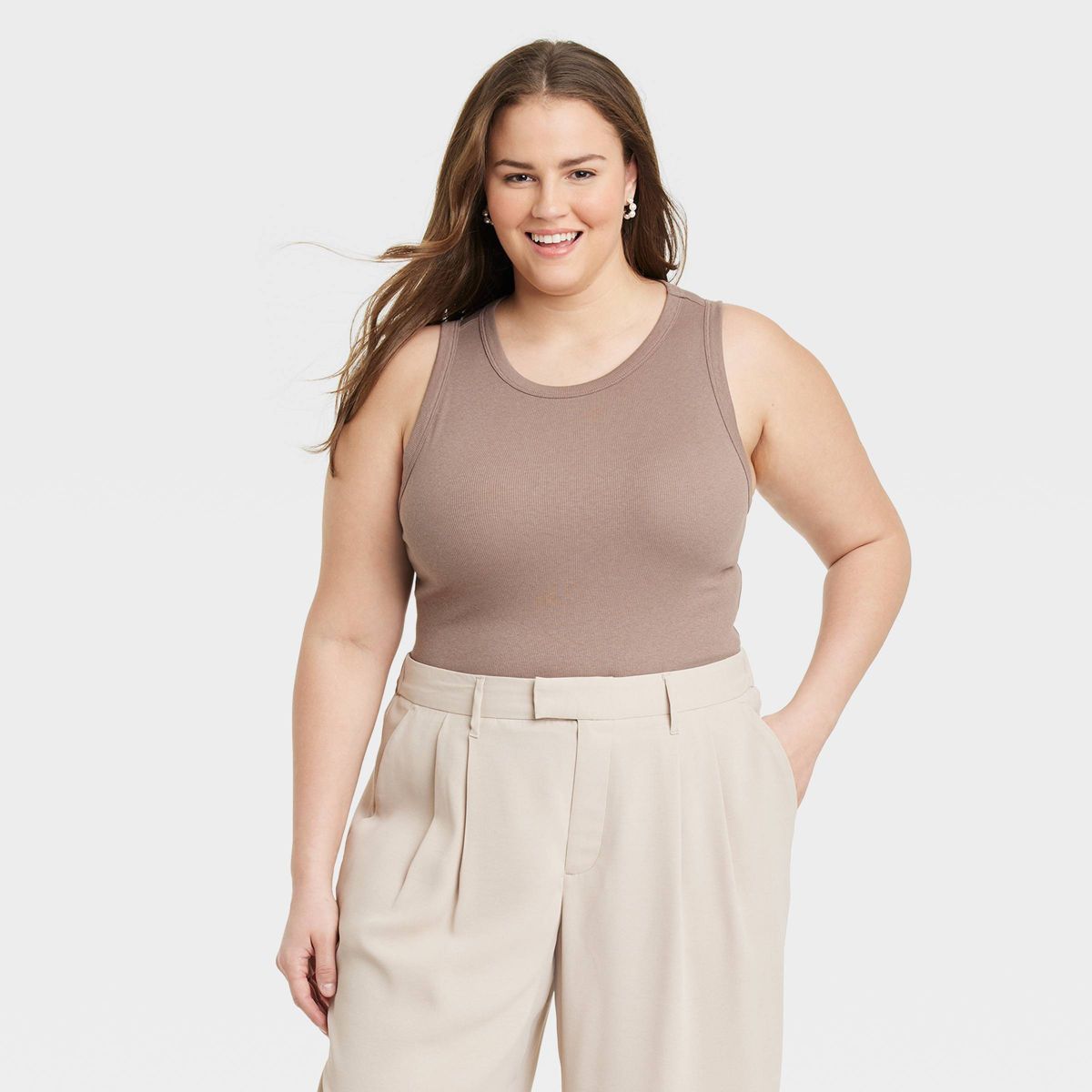 Women's Slim Fit Ribbed High Neck Tank Top - A New Day™ Tan XS | Target