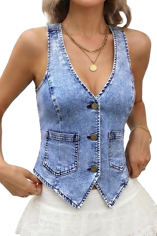 ELLEVEN Women's Denim Vest Sleeveless Jean Vest Top with Pockets | Amazon (US)