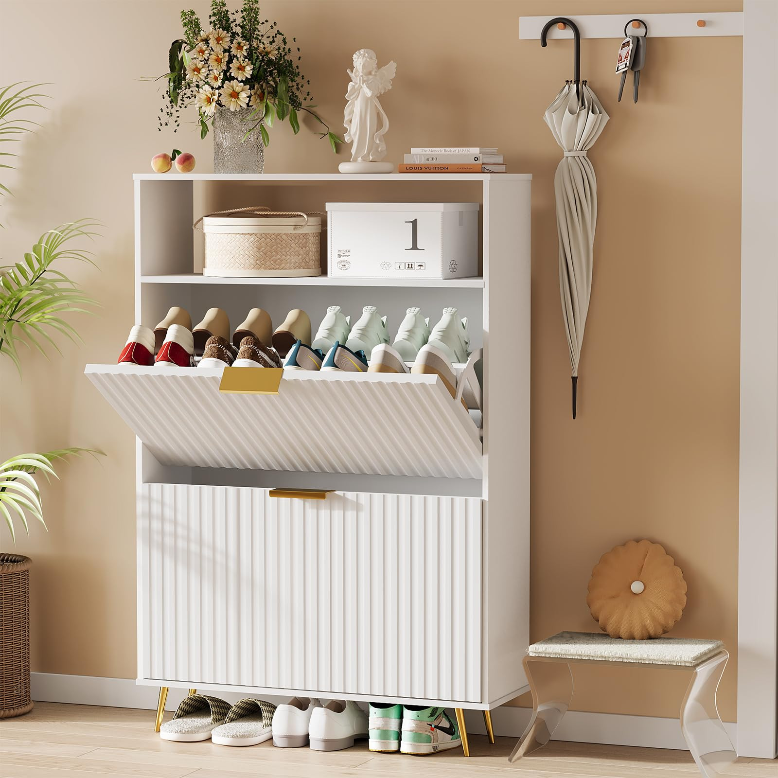 Urban Deco Shoe Storage Cabinet for Entryway, Wooden Organizer Shoe Cabinet with 2 Flip Drawers, ... | Amazon (US)