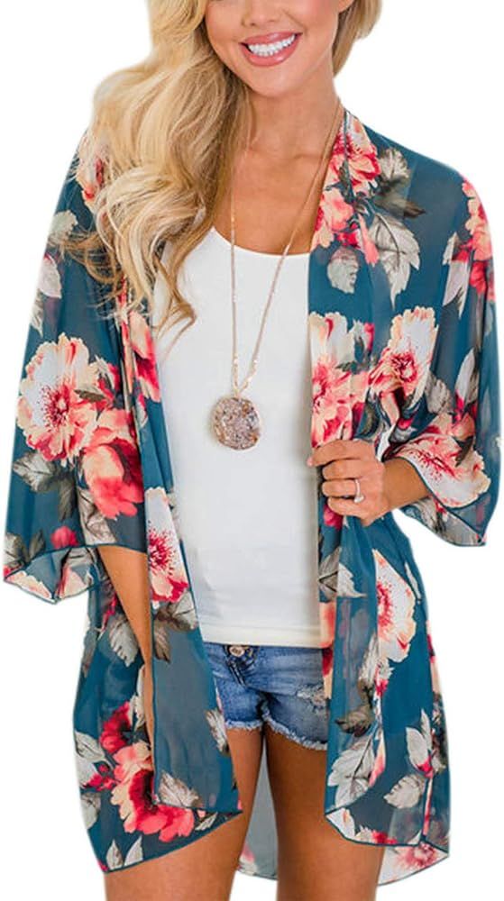 Women Floral Print Kimono Robe Sheer Chiffon Cardigan Half Sleeve Cover Up | Amazon (US)