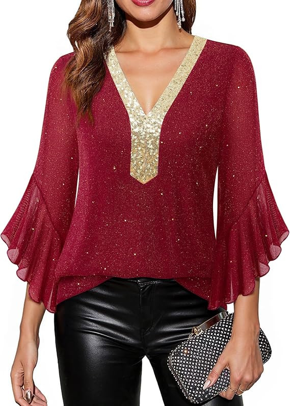Timeson Women's Ruffle 3/4 Sleeve Sparkly Tops Sequin V Neck Blouses Dressy Fall Shirts | Amazon (US)