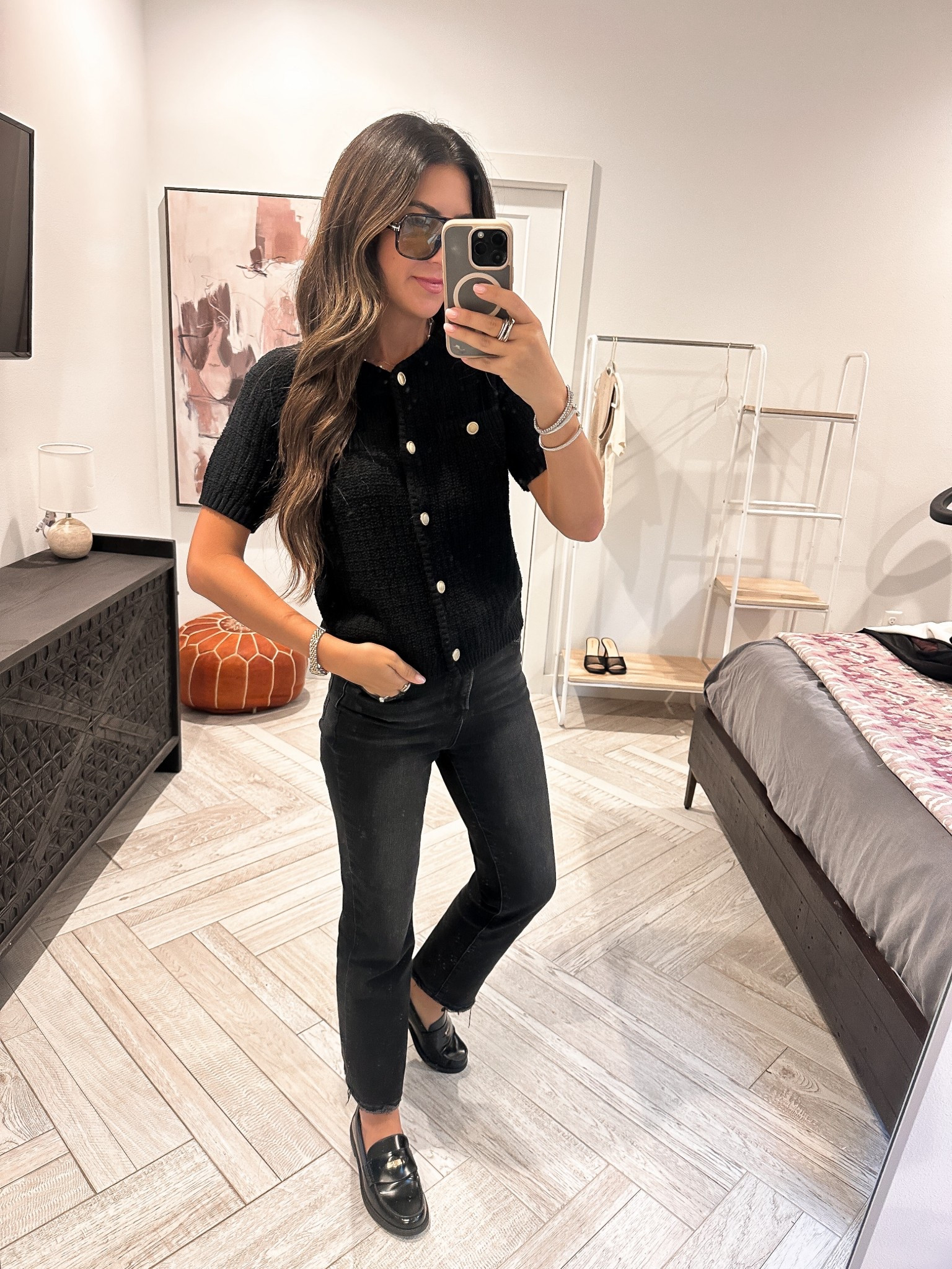 All black work wear business casual style. Target sweater top under $35. Wearing size XS. Lightweight with gold button detail. Pairs cute with new black loafers  

#LTKStyleTip #LTKWorkwear #LTKFindsUnder50