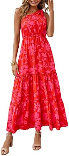 PRETTYGARDEN Women's Summer Floral One Shoulder Maxi Dress Knot Ruffle Boho Beach Vacation Weddin... | Amazon (US)