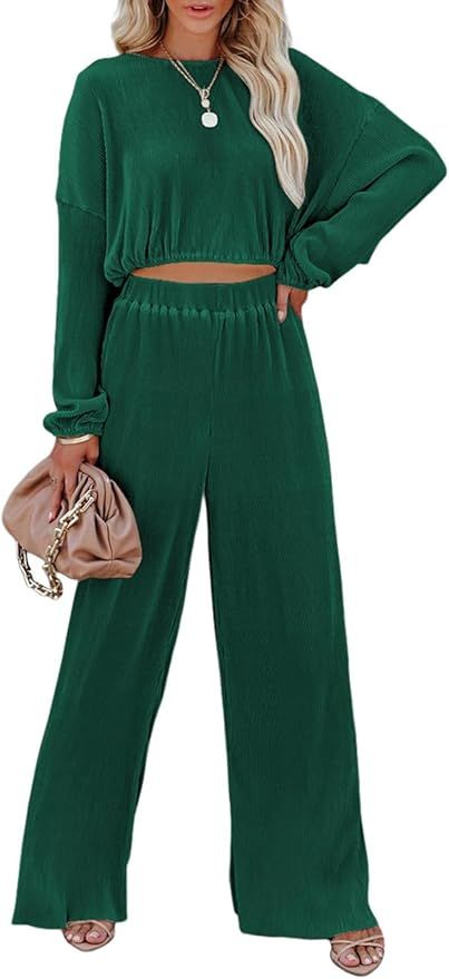 Dokotoo 2 Piece Outfits for Women Crewneck Long Sleeve Crop Tops and Wide Leg Pants Sets | Amazon (US)