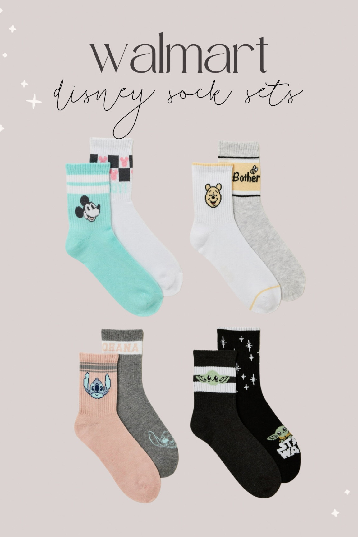 New Disney sock sets at Walmart! Mickey Mouse socks. Pooh socks. Mandalorian. Stich.

#walmartfashion #disneyfinds #disneyoutfit #disneymerch #disneytrip #ltkunder20

#LTKFind #LTKtravel #LTKunder50