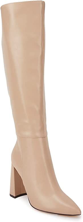 Womens Pointed Toe Knee-high Boot Wide Calf Chunky Block Side Zipper Go-go Boots | Amazon (US)