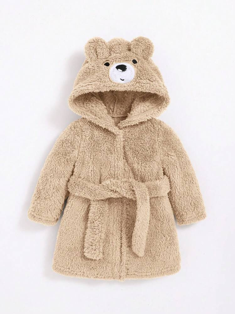 SHEIN Newborn Baby Boy Cute Bear Embroidery Thickened Bathrobe With 3D Ears And Cinched Waist | SHEIN