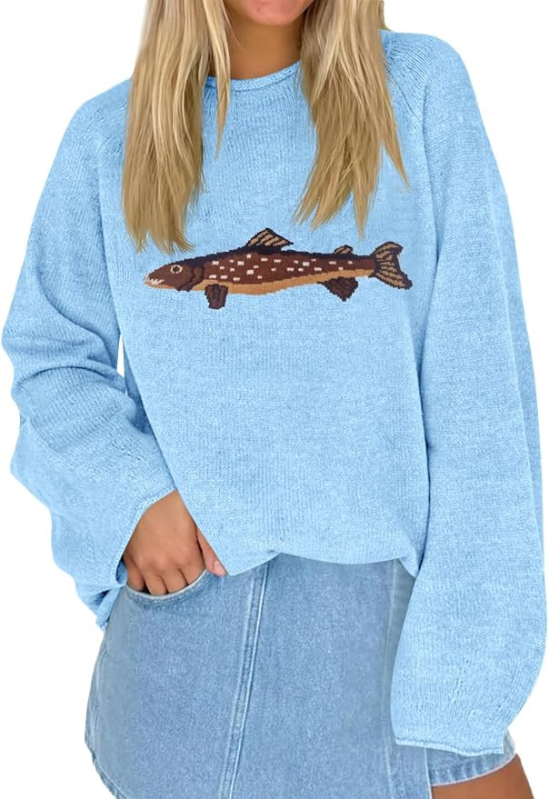 Tankaneo Womens Fish Graphic Oversized Sweaters Lightweight Knit Pullover | Amazon (US)