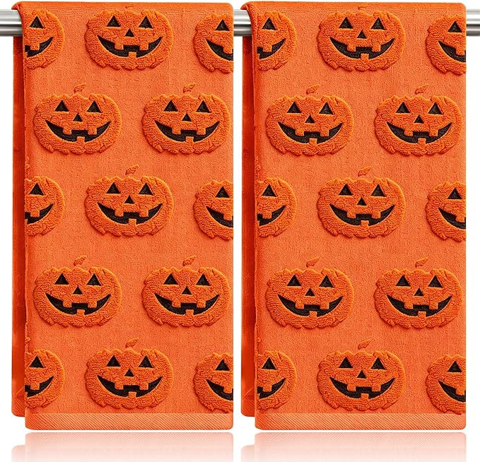 2 Pack Halloween Hand Towels 100% Cotton Jacquard ack-O'-Lantern Halloween Kitchen Towels White B... | Amazon (US)